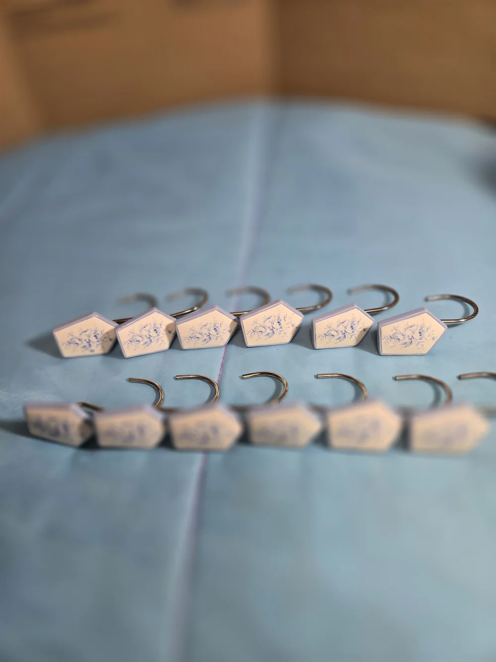 Set Of 12 Old Fashioned Granny Core Shower Hooks With Beautiful Blue Flowers